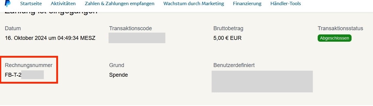 Screenshot: PayPal-Transaktionsdetails mit markiertem Feld „Rechnungsnummer“, in dem die FB-T-ID angezeigt wird.