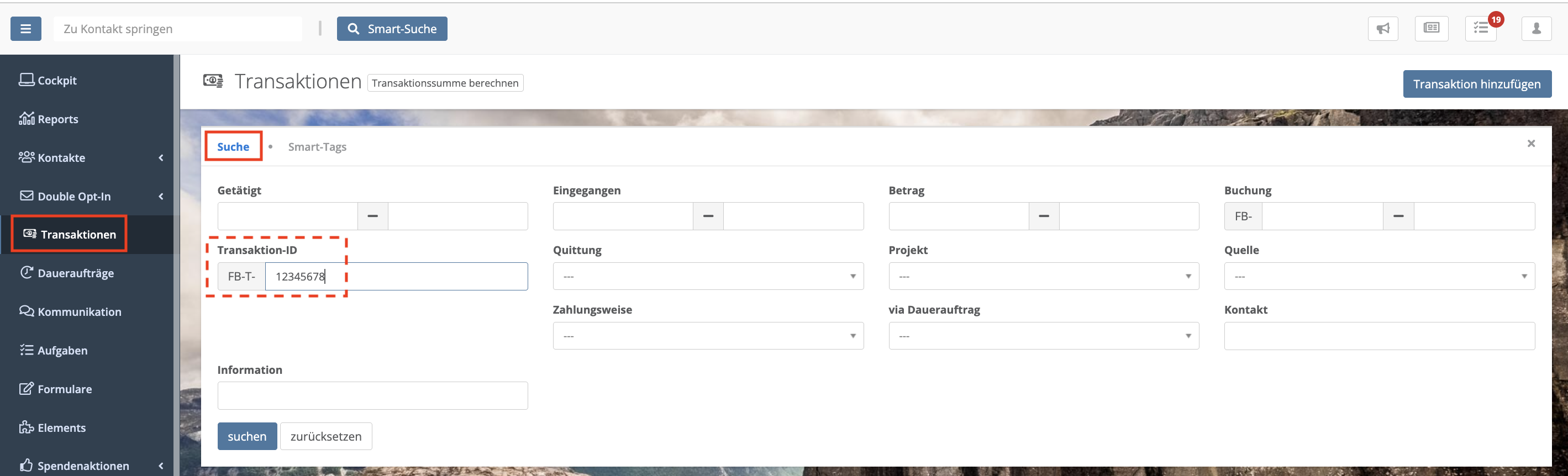 Screenshot: Transaktionssuche in der FundraisingBox mit Eingabe der FB-T-ID im Feld „Transaktions-ID“.