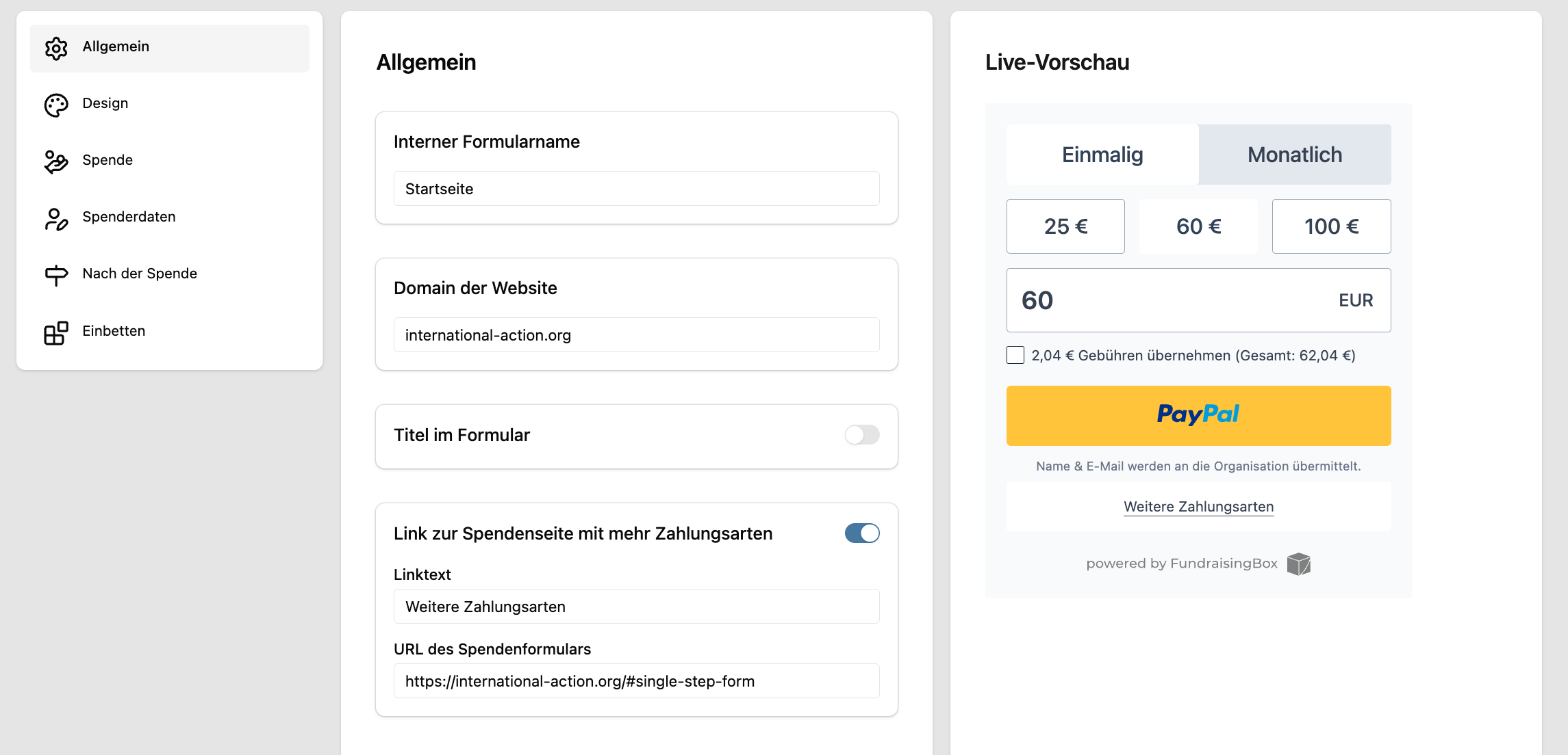 Aufbau des Expressformular-Editors mit Navigation, Bearbeitungsbereich und Live-Vorschau