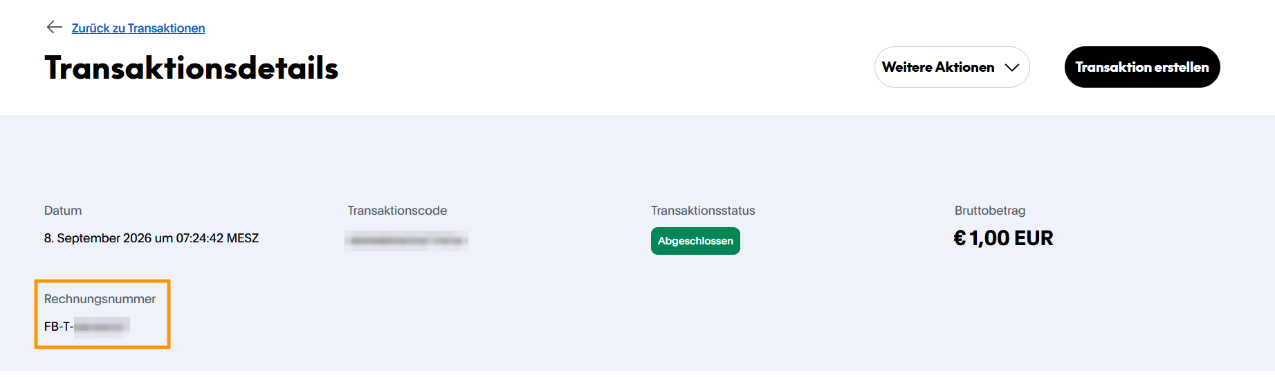 Screenshot: PayPal-Transaktionsdetails mit markiertem Feld „Rechnungsnummer“, in dem die FB-T-ID angezeigt wird.