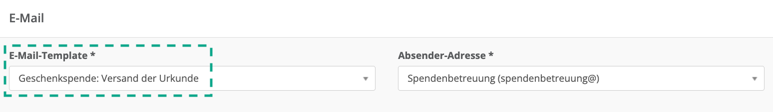 Screenshot von der E-Mail-Template-Ansicht zum Geschenkspenden-Urkunden-Versand.