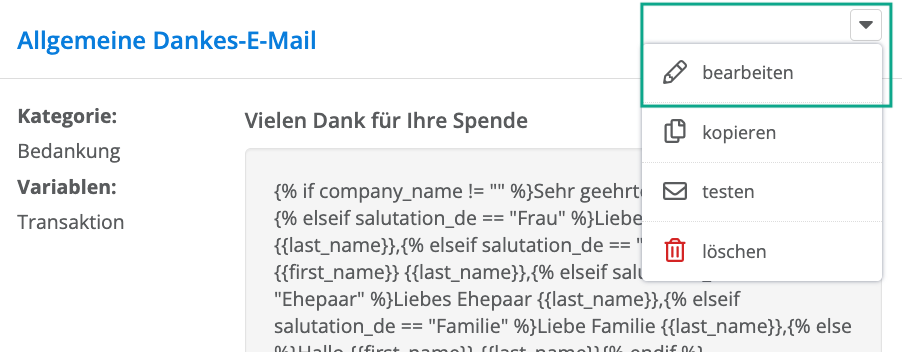 Screenshot einer Template-Bearbeitung.