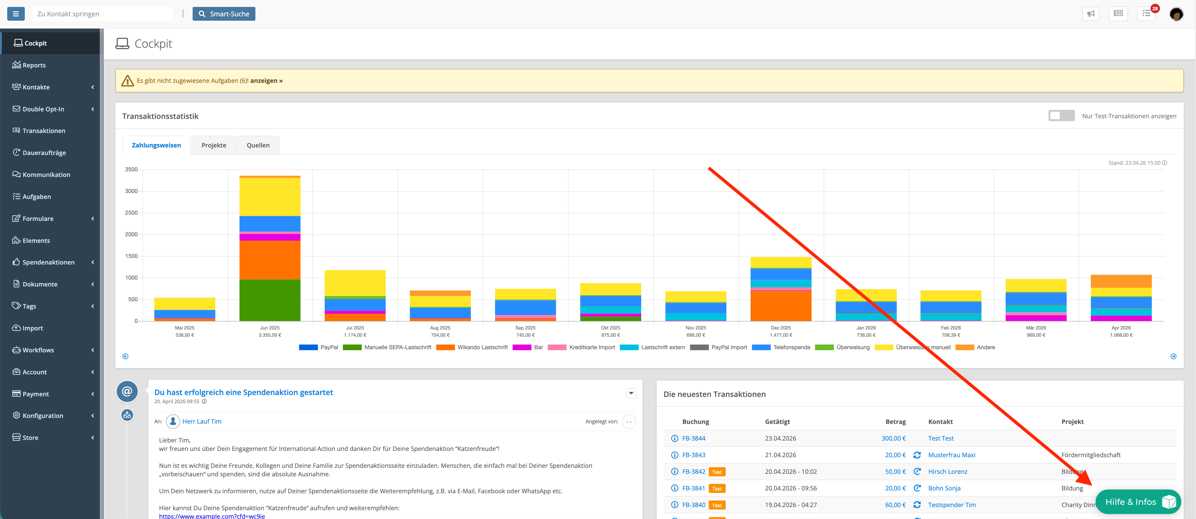 Screenshot: Button „Hilfe & Infos“ unten rechts in der FundraisingBox