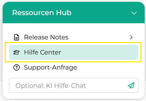 Screenshot: Ressourcen Hub mit der Auswahl „Hilfe Center“