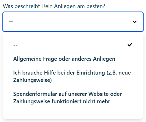 Screenshot für die Auswahl "Was beschreibt Dein Anliegen am besten?"