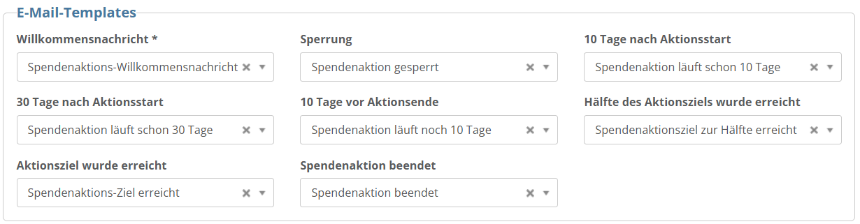 Screenshot der Auswahlmöglichkeiten der verschiedenen E-Mail-Templates