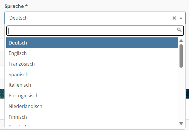 Screenshot der Sprachauswahl