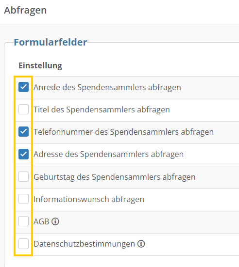Screenshot der Formularfelder-Auswahl