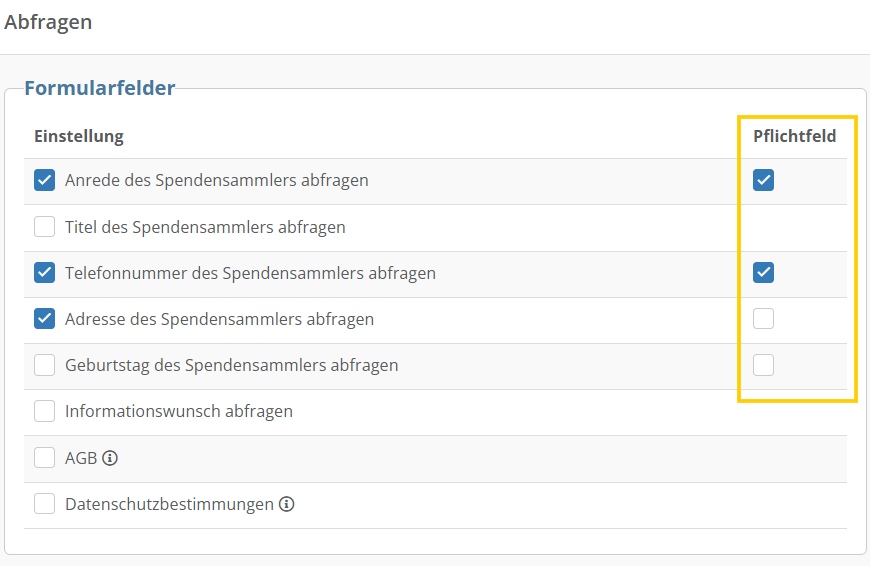 Screenshot der Einstellungen für Pflichtfelder