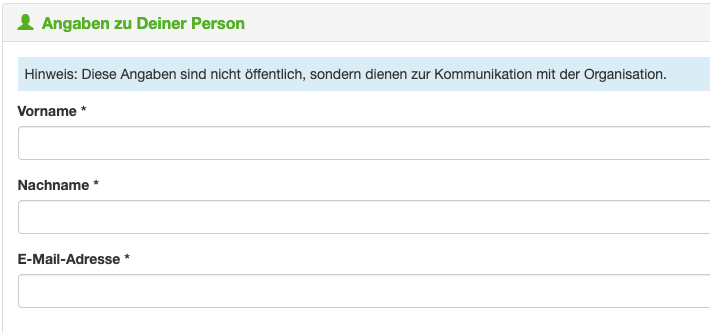 Pflichtfelder für Vorname, Nachname und E-Mail-Adresse im Spendenaktions-Tool