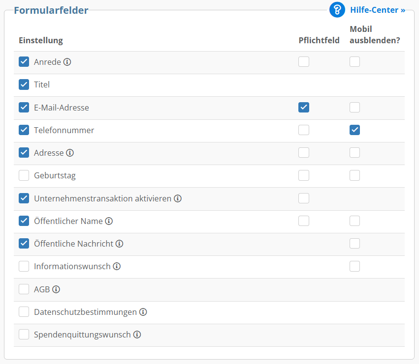Screenshot des Konfigurationsbereichs für Formularfelder