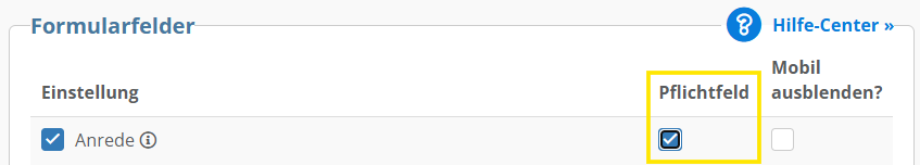 Screenshot der Konfiguration für Pflichtfelder