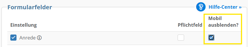 Screenshot der Konfiguration für die Option "Mobil ausblenden"