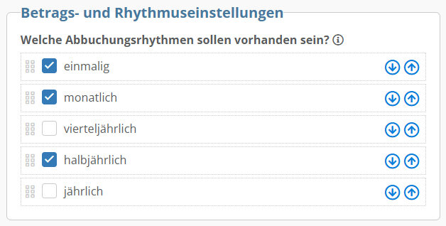 Screenshot der verfügbaren Zahlungsrythmen
