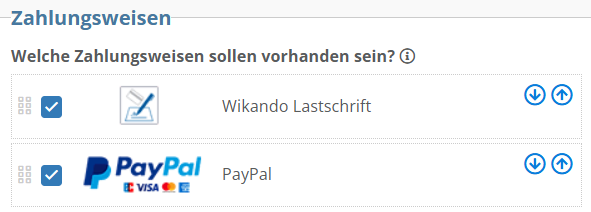 Screenshot der Auswahl für Zahlungsweisen