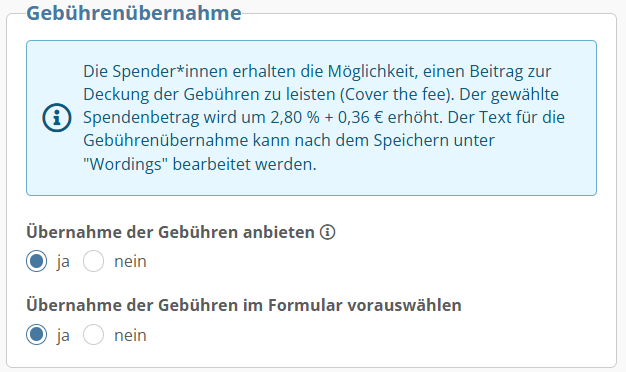 Screenshot der Konfiguration für die Gebührenübernahme