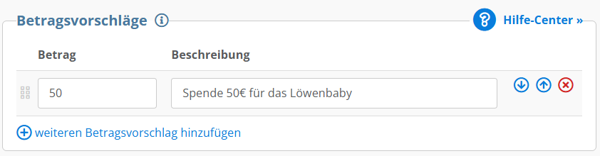 Screenshot der Konfiguration für Betragsvorschläge