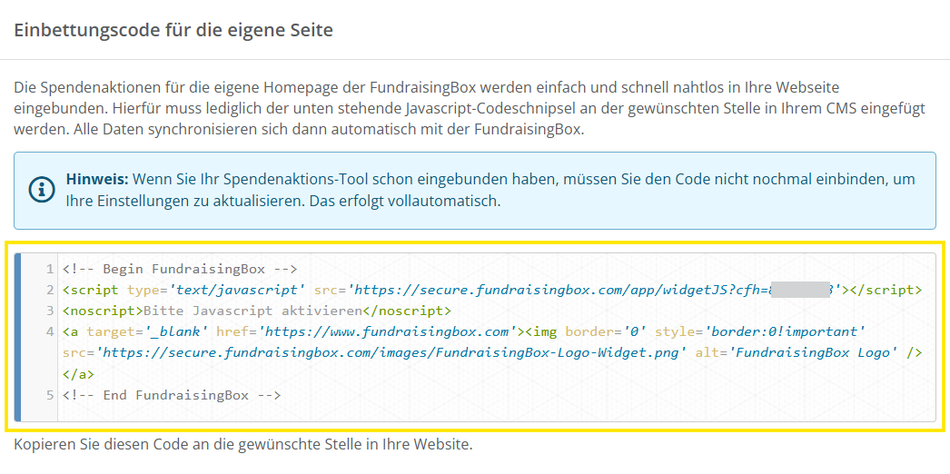 Screenshot der Übersicht mit dem bereitgestellten Einbettungscode