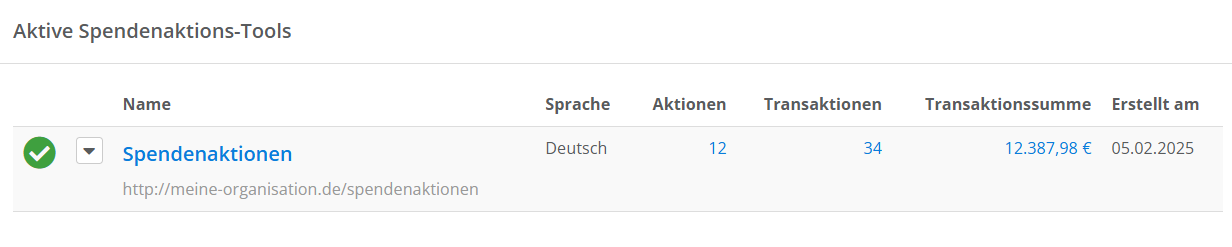 Screenshot der Übersichtsseite für aktive Spendenaktions-Tools