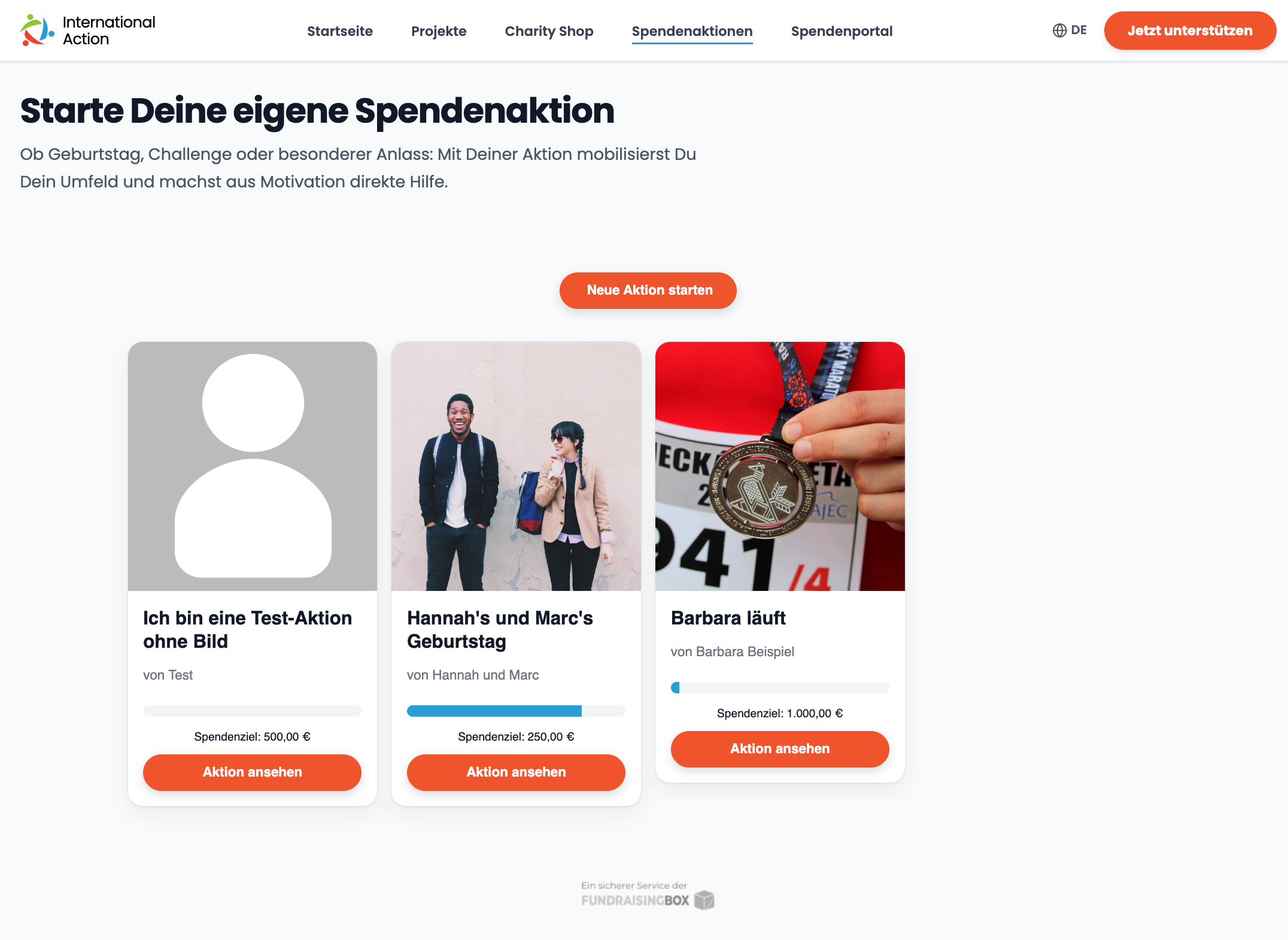 Screenshot der DEMO-Website mit Spendenaktions-Einbettung.