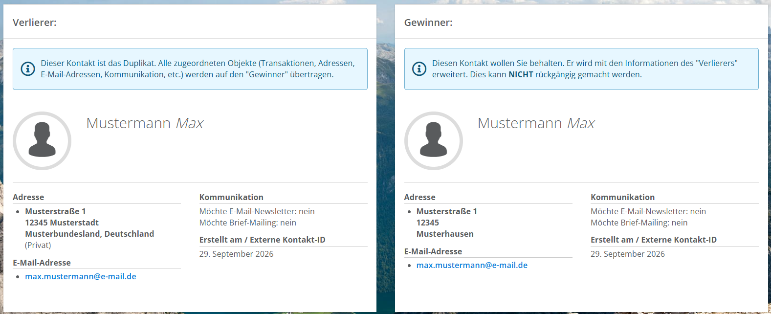 Screenshot von zwei Beispielkontakten vor dem Vereinen