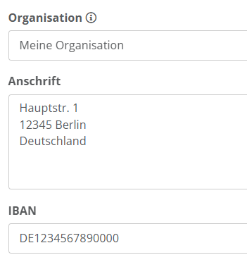 Screenshot der Angaben über die eigene Organisation
