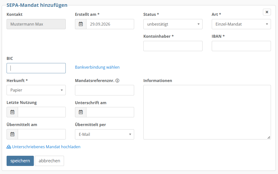 Screenshot der Felder für ein neues SEPA-Mandat