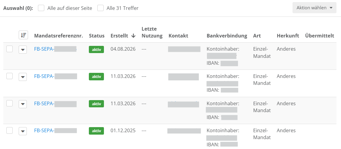 Screenshot der Mandatsübersicht