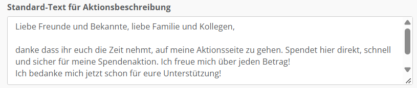 Screenshot der Konfiguration für den Standard-Text für die Aktionsbeschreibung
