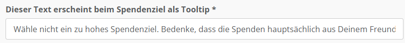 Screenshot der Konfiguration für Infotext des Tooltips beim Spendenziel