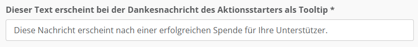 Screenshot der Konfiguration für den Text des Tooltops bei der Dankesnachricht des Aktionsstarters