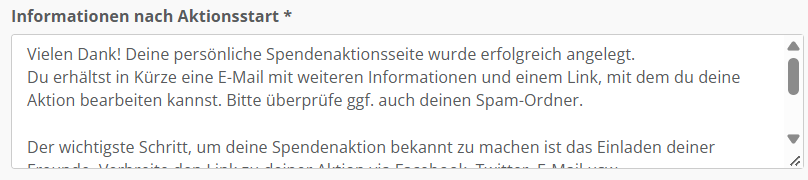 Screenshot der Konfiguration für den Infotext nach dem Start einer Spendenaktion
