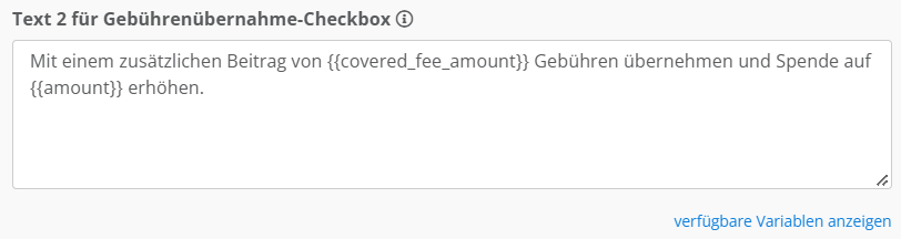 Screenshot der Konfiguration für den 2. Text der Gebührenübernahme-Checkbox