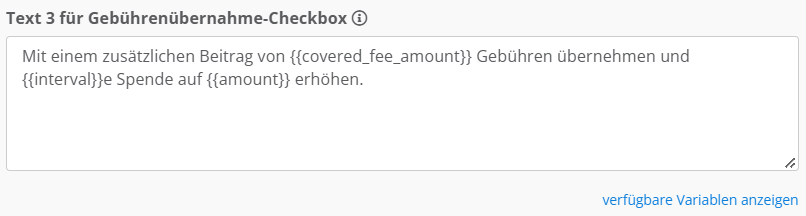 Screenshot der Konfiguration für den 3. Text der Gebührenübernahme-Checkbox