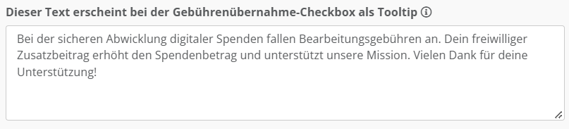Screenshot der Konfiguration für den den Tooltip der Gebührenübernahme-Checkbox