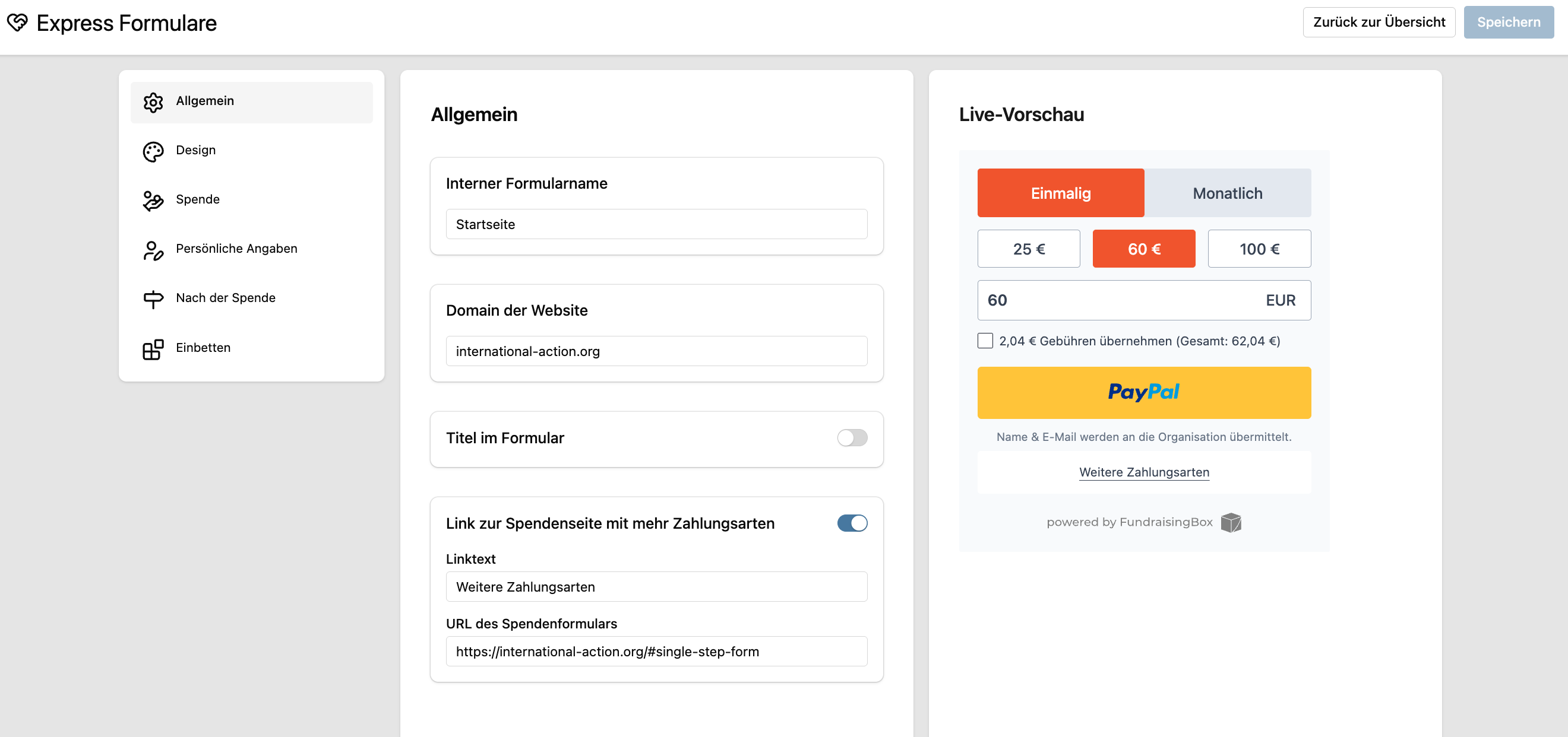 Aufbau des Expressformular-Editors mit Navigation, Bearbeitungsbereich und Live-Vorschau