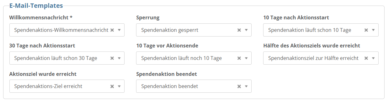 Screenshot des Konfigurationbereichs für die verschiedenen E-Mail-Templates