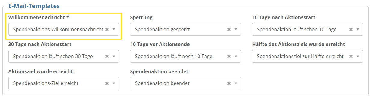 Screenshot der Konfigurationsmaske für die E-Mail-Templates
