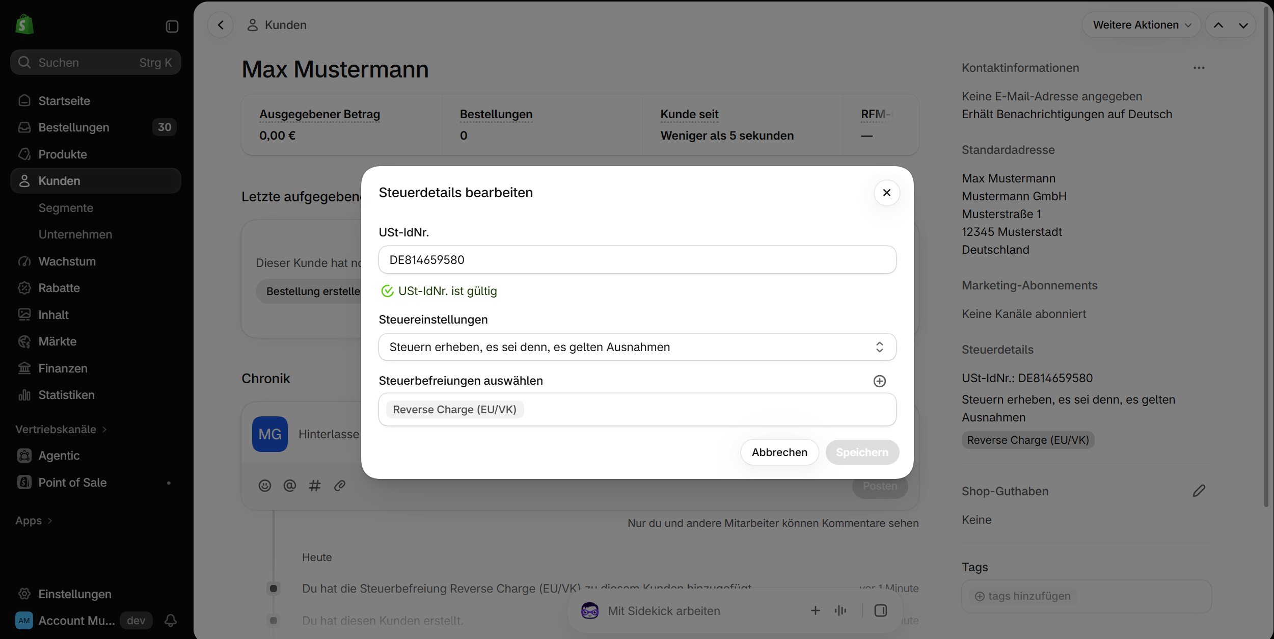 Steuerdetails eines bestehenden Kunden in Shopify