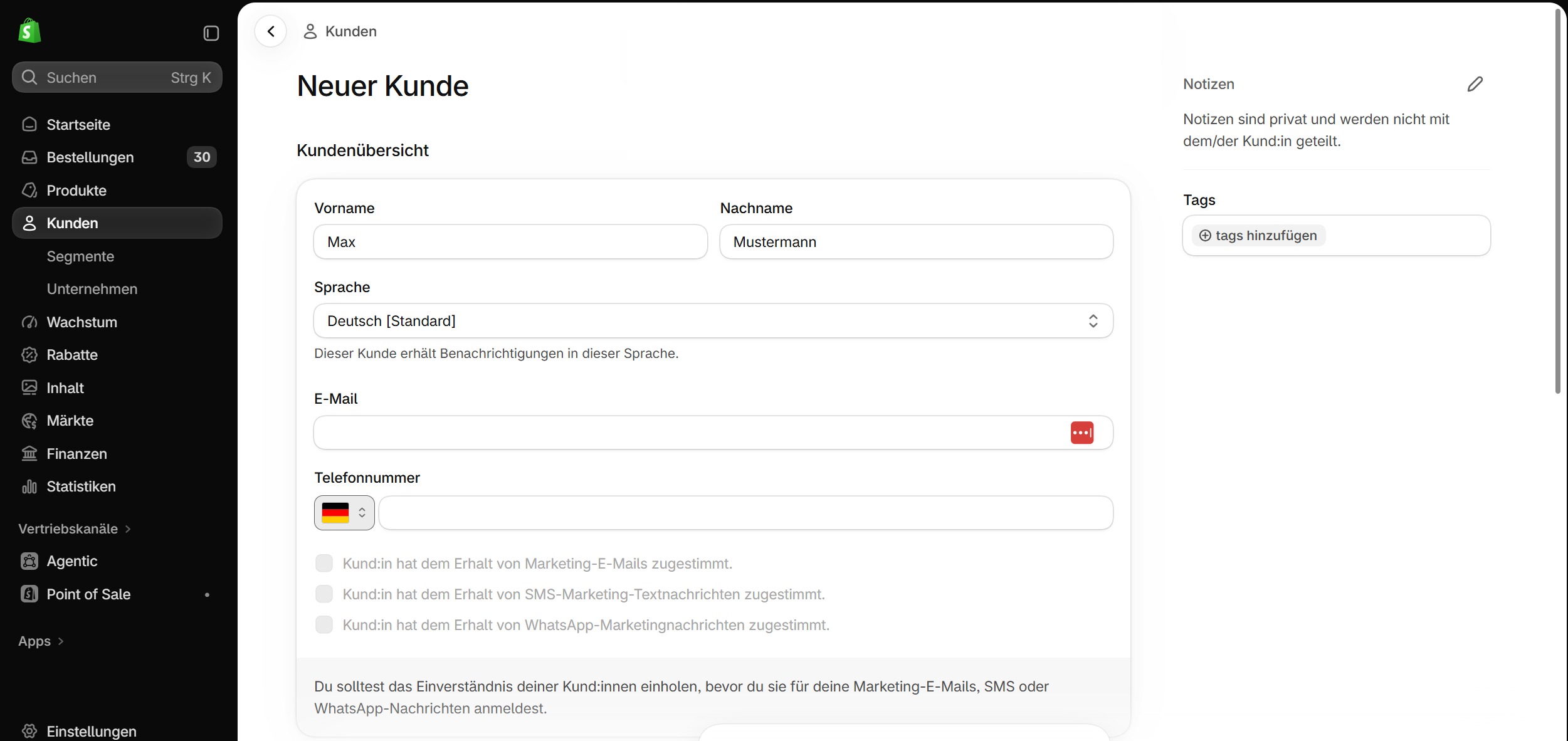 Steuerdetails eines neuen Kunden in Shopify