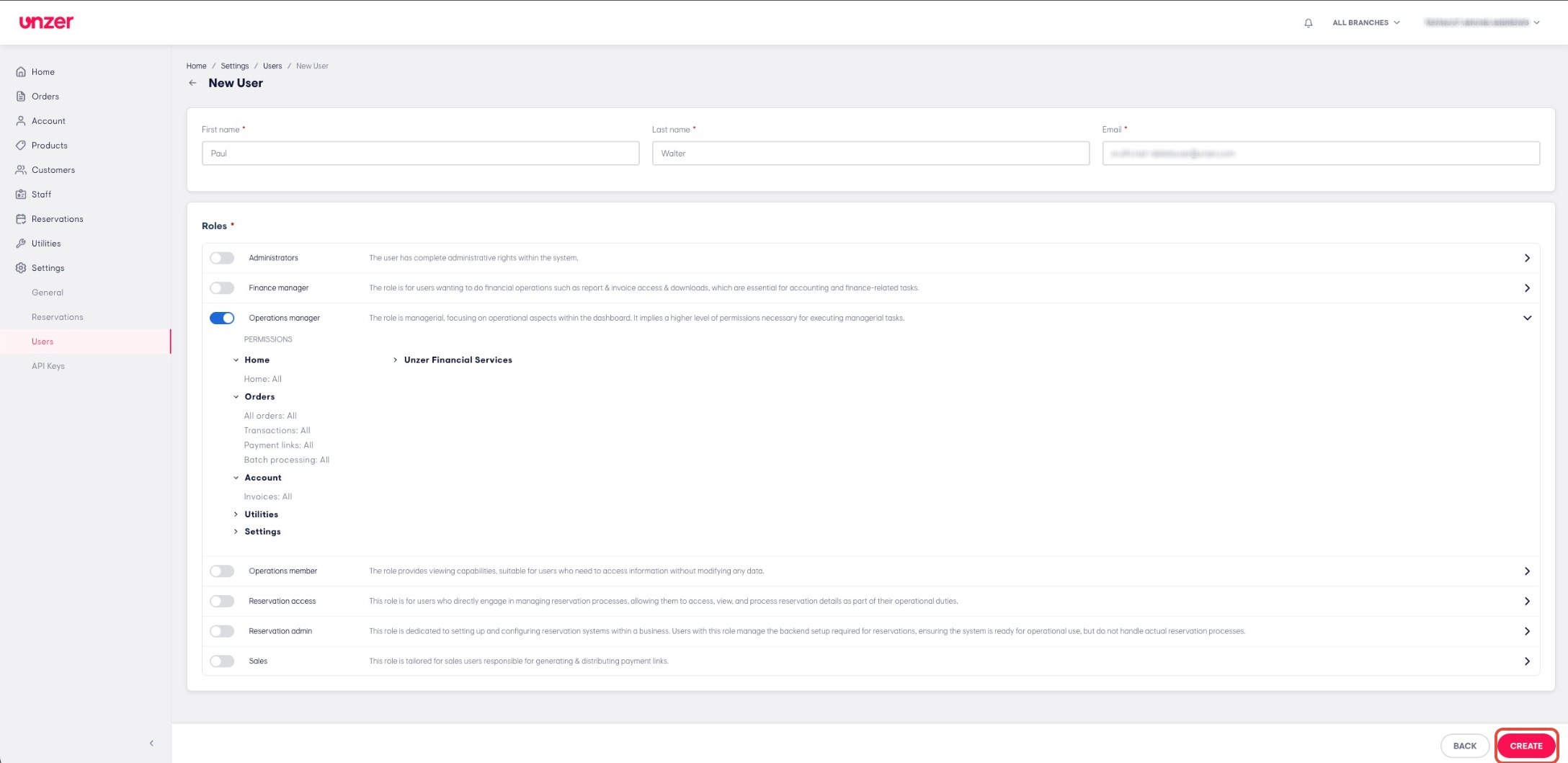Enter user details and click CREATE