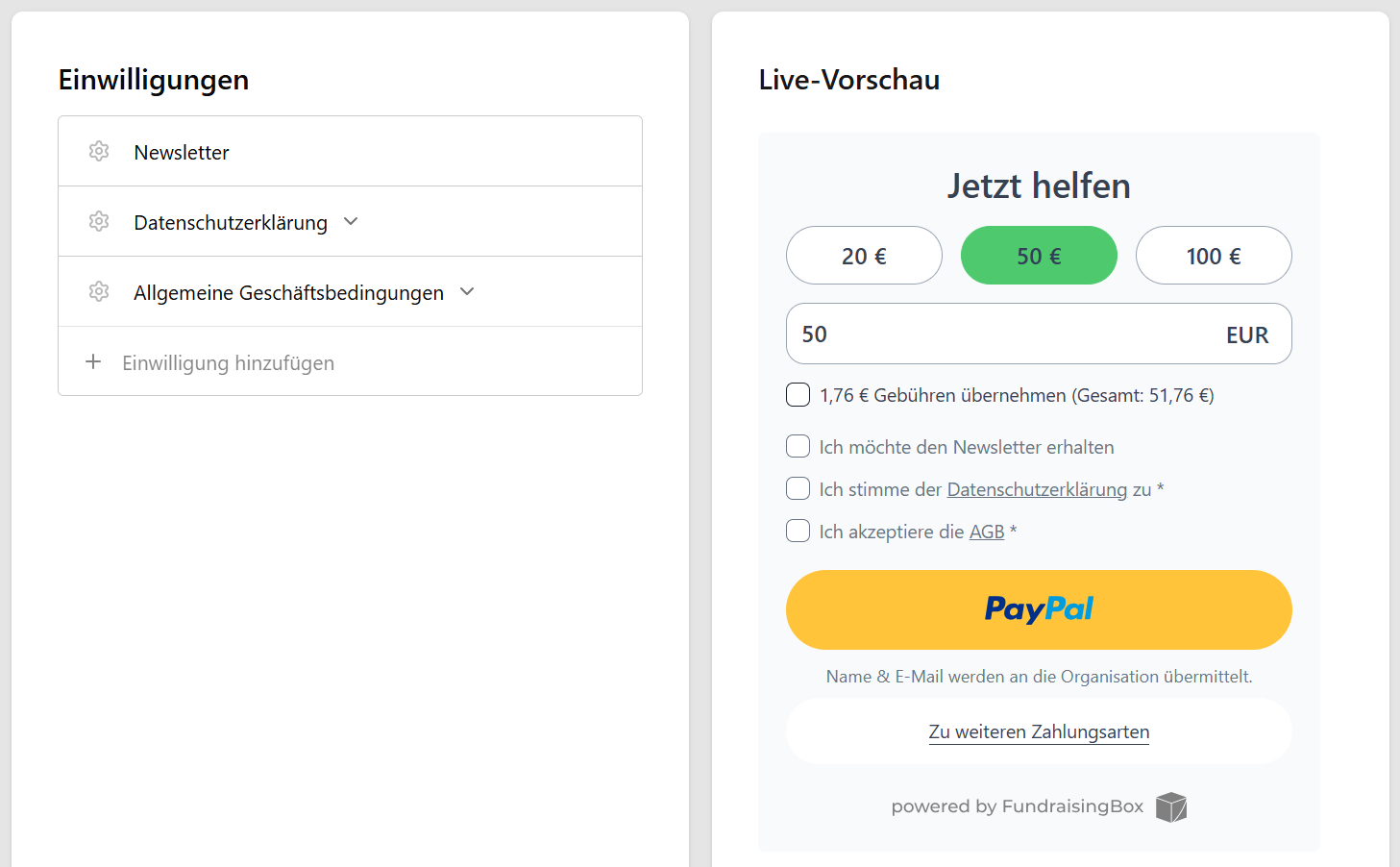 Einstellungen für Newsletter, Datenschutzerklärung und Allgemeine Geschäftsbedingungen mit Live-Vorschau