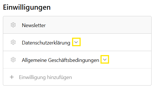 Screenshot: Pfeil zum Öffnen der Einstellungen eines Einwilligungsfelds
