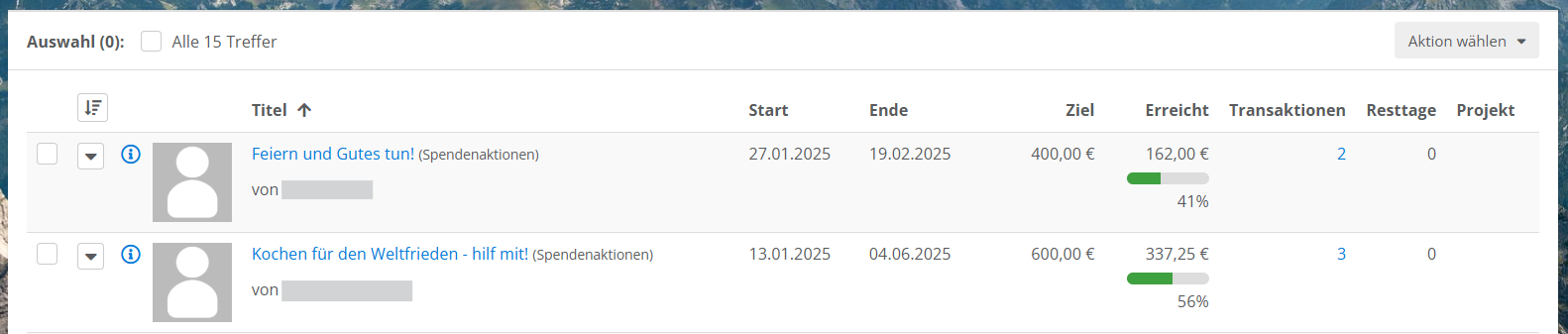 Screenshot der Übersicht der Spendenaktionen