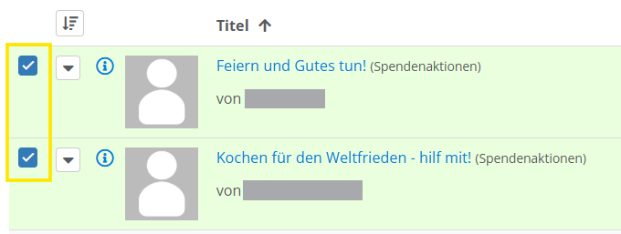 Screenshot der markierten Spendenaktionen