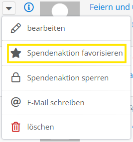 Screenshot des Menüpunkts Spendenaktion favorisieren