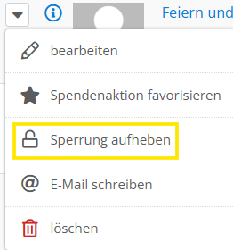 Screenshot des Menüpunkts Sperrung aufheben