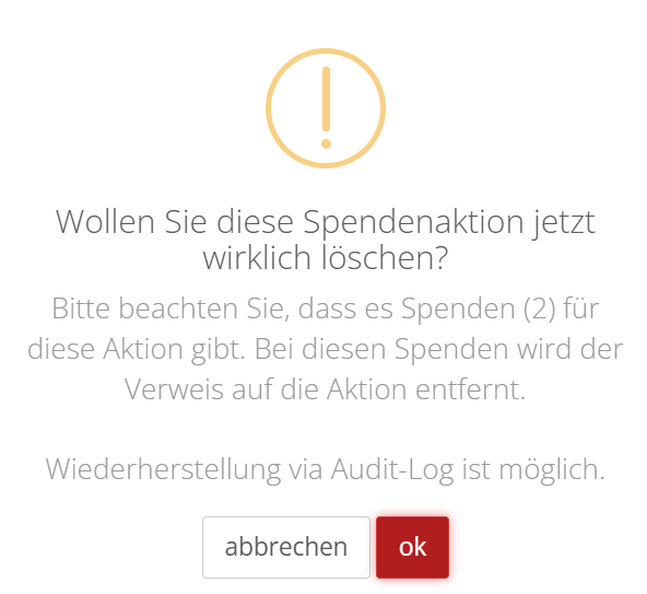 Screenshot des Warnhinweises vor dem Löschen