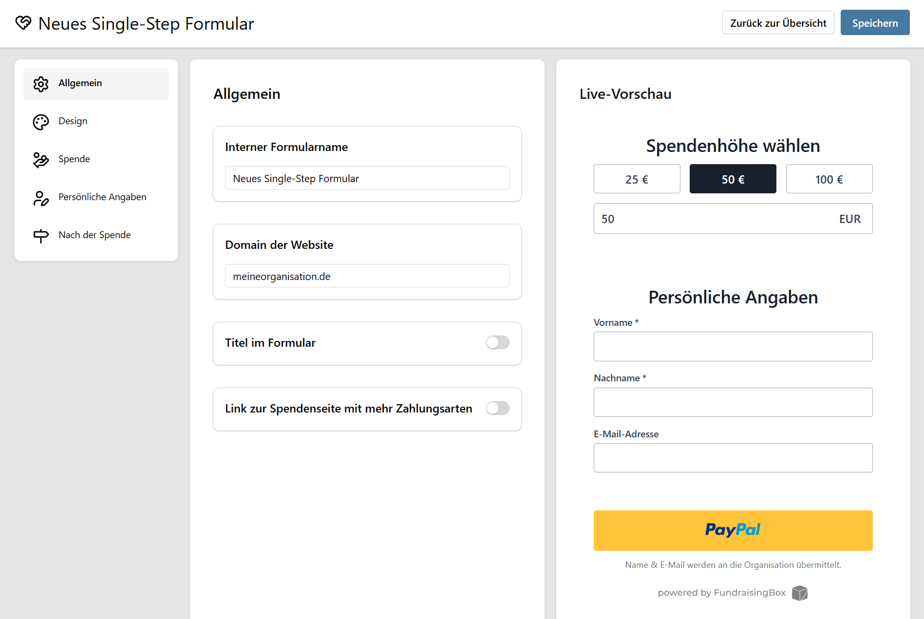 Formular-Editor mit Navigation, Einstellungen und Live-Vorschau