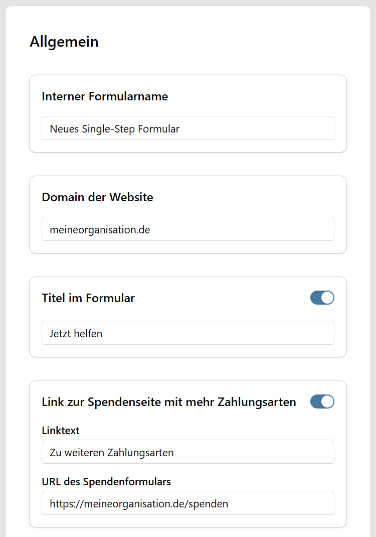 Allgemeine Einstellungen mit Formularname, Domain, Formulartitel und Link zu weiteren Zahlungsarten
